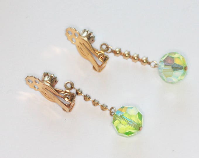 Green AB Crystal Dangle Earrings Clip Style Vintage