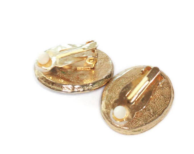 Blue Oval Clip On Earrings Gold Tone Large Chunky Bold Vintage