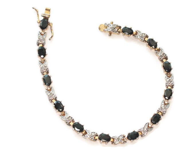 Dark Blue Gemstone Tennis Bracelet Clear Gemstone Accents Signed China