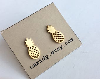 Gold Plated Stainless Steel Pineapple Stud Earrings, Pineapple Studs, Pineapple Stud Earrings, Pineapple Earrings, Stainless Steel Earrings