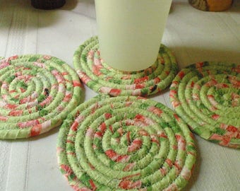 Green and Pink Coiled Coasters - Set of 4 Absorbent Coasters - Handmade by Me, Spring Colors