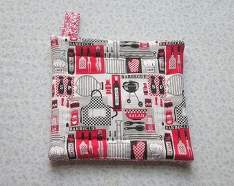 red bbq tailgate hand quilted with loop insulated potholder hot pad