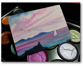 Wildlife Wonders Rabbit - Sailboat Sunset - Original ACEO Painting - Art by AmyLyn Bihrle wd288