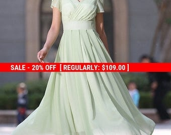 Mint green dress, chiffon dress, prom dress, cap sleeves dress, bridesmaid dress, maxi dress, custom made, plus size available (990)