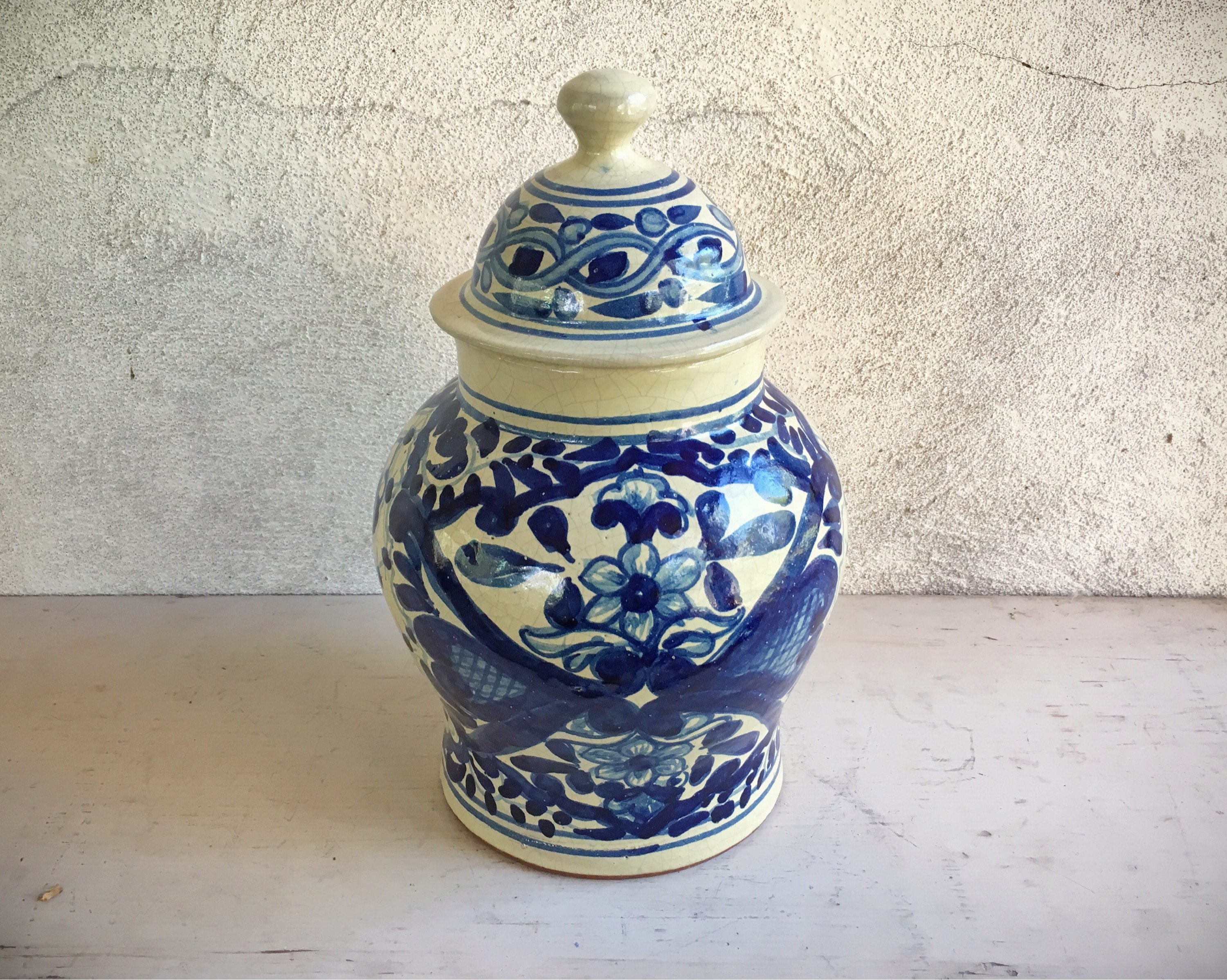 Vintage Talavera pottery ginger jar or tibor in blue and white Majolica lidded vase Mexican decor