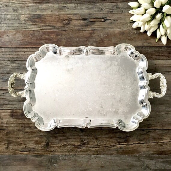 Vintage Footed Silver Tray with handles Vanity tray Shabby