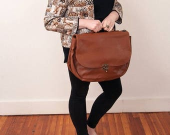 christmas in july sale Vintage Brown Leather Satchel with Multiple Compartments - Vtg Brown Bag - Vintage Overnight Bag - Christmas Gift Gui