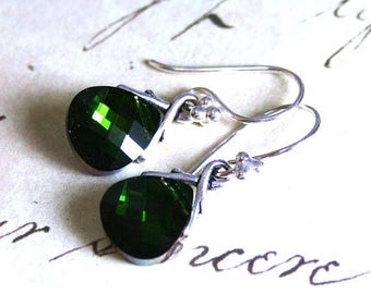 ON SALE Emerald Green Swarovski Briolette Crystal Earrings - Swarovski Crystal and Sterling Silver - Dark Green Crystal Earrings With Ivy Vi