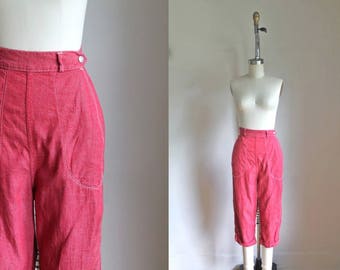 vintage 1940-50s pants - CHAMBRAY RED cotton jeans / 26" waist