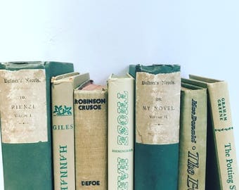 Vintage Green & Beige Books Instant Library Collection Decorative Books Photography Props French Country Farmhouse