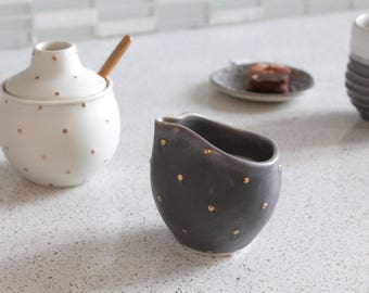 Ceramic Creamer With GOLD polka dots - Pottery Maple Syrup Pourer