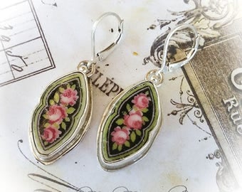 Antique Broken China Jewelry Black w/ Pink Roses Earrings