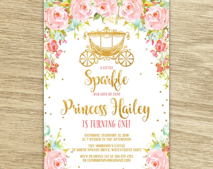 Sweet Floral Princess Birthday Invitation, Royal Princess Party, Watercolor Pink Flowers and Carriage Princess Party Printable Invitation