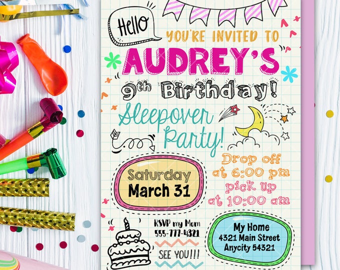 Sleepover Birthday Invitation, Girl Pajama Party, Slumber Party Girl Birthday, Doodle Scribble Birthday Invite, Digital Printable Invitation