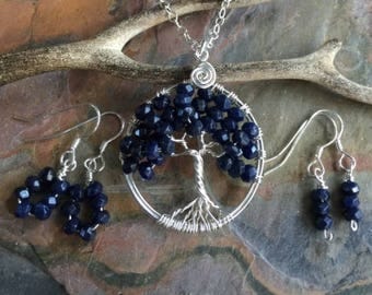 Blue Sapphire Necklace, September Birthstone Necklace, Sapphire Tree of Life Necklace Pendant, Sapphire September Birthstone Earrings