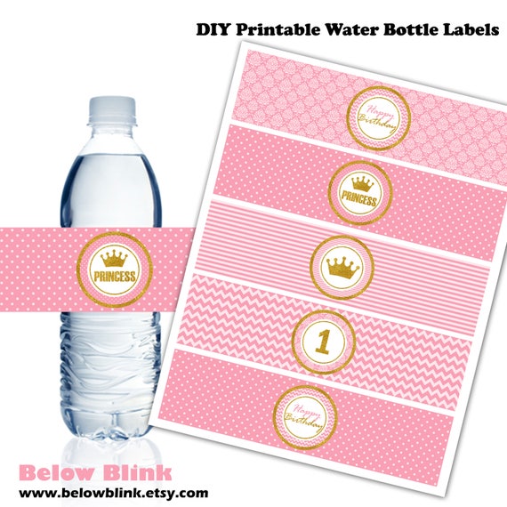 1st birthday water bottle labels printable pink and gold princess