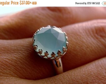 Faceted Sky Blue Chalcedony Bezel Set Sterling Silver Ring Size 7