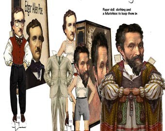 Printable paper doll renaissance Michelangelo and clothes with matchbox storage case unique craft gift for any art lover