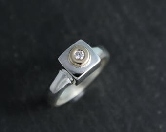 Sterling Silver and 14k Gold Diamond Pebble Ring, Square Box Ring, Minimalist Ring, Unique, 14k Yellow Gold, Ready to Ship