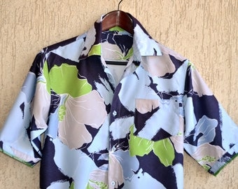 Mens Vintage SURF Hawaii Shirt Size S-M 41 - 42 Summer Print Thaiti Style Blue Floral Dress Shirt