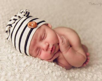 Button beanie, striped hat, knots, upcycle hat, newborn photography prop, photo prop