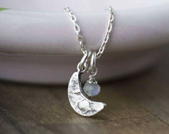 Celestial Moon Necklace with Moonstone | Handmade Sterling Silver Necklace Jewelry by Burnish | Crescent Moon