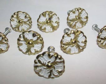 8 French Provincial Drawer Pulls, Vintage 1960s, White & Gold Furniture Hardware, Hollywood Regency, Dresser Knobs, Shabby Country Cottage