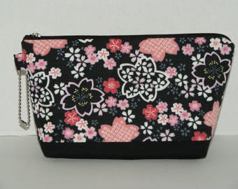Large Padded Zipper Pouch/Pencil Case/Cosmetic Case with Pocket Made with Japanese Cotton Kimono Fabric "Sakura"