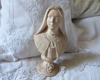 Antique French st Therese statue bust sculpture st. therese bust statue, St Theresa w roses, signed saint therese theresa, religious art