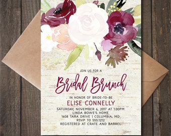 Fall Bridal Shower Invitation, Bridal Brunch, Baby Shower Invitation, Rustic Fall Shower Invite, Floral Printable Plum Watercolor