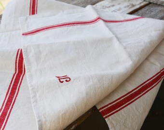French Antique Linen Tea Towels | Hand Embroidered Linen | J K Initials | Country French and Vintage Farmhouse Decor | Vintage Photo Props