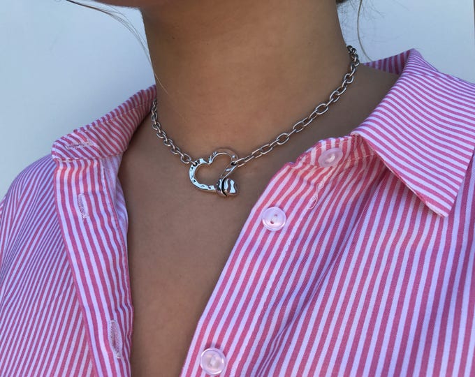 Silver Chain, Women Silver necklace with heart pendant,Choker Chain Necklace,Heart Silver Necklace,women choker with heart,statement choker