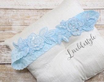 Light Blue Embroidery Flower Lace Wedding Garter, Light Blue Garter Set, Blue Single Garter,Something Blue / GT-34A