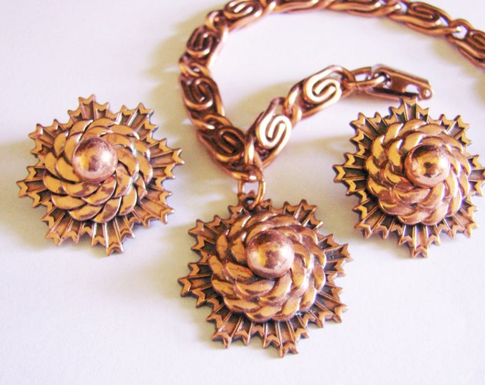 Retro Solid Copper Abstrct Sun/Moon Demi Parure / Bracelet / Clip Earrings / Book Chain / Vintage / Jewelry / Jewellery