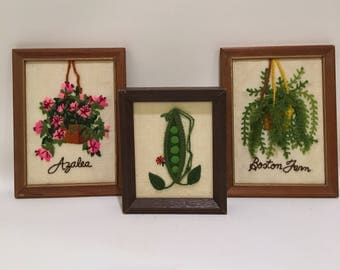 Vintage Needlepoint Artwork Boston Fern Azalea Green Pea