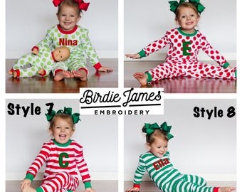 Matching Family Christmas pajamas embroidered sets micro stripe red & white stripes kids monogrammed PJs cotton Monogram Xmas pyjama jammies