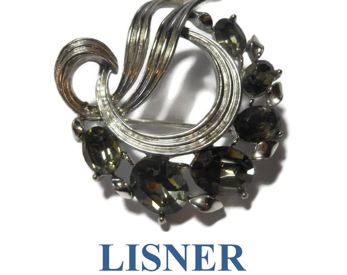 FREE SHIPPING Lisner leaf brooch pin, large silver tone swirl with smokey gray rhinestones, statement piece, beautifully textured