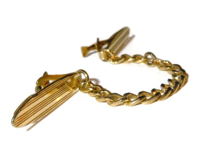 Gold sweater guard, 1950s 1960s sweater clip, ribbed gold chain sweater protector, tie clasp, shoe clip