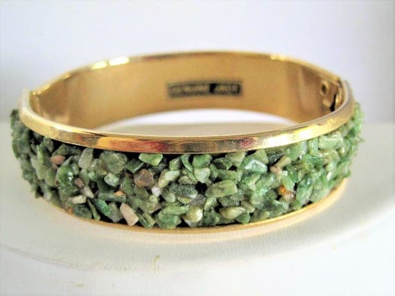 Genuine Jade Hinged Bangle - Gold Tone Setting - Jade Chips - Green Bracelet