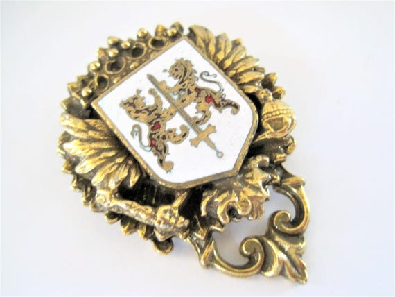 Red White Heraldic Brooch, Gold Tone, Lion Shield, Coat of Arms Brooch
