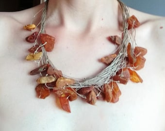 Natural Raw Amber Necklace, Linen Nature Necklace by Bustani