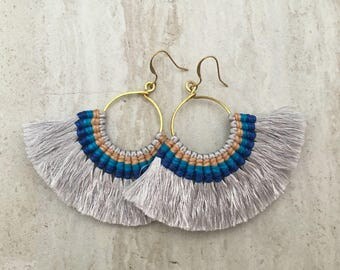 Light Gray Tassel Hoop Earrings, Tassle Fringe Hoops, Large Tassel Fan Earrings, Silver Tassels, Gold Hoop Earrings, Lightweight