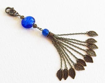 Bijou de Sac, Porte-clef - Fantaisie Bleue Outremer - Métal Bronze, Perle lampwork, Pompon chaîne - Bijou créateur, fait-main, pièce unique