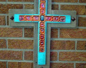 mission cross, southwest cross, western cross, mixed media cross, copper cross