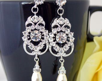 Pearl Bridal Earrings Rhinestone Earrings Chandelier Crystal Earrings Wedding Earrings Dangle Earrings White Jewelry Vintage Style AMENDINE