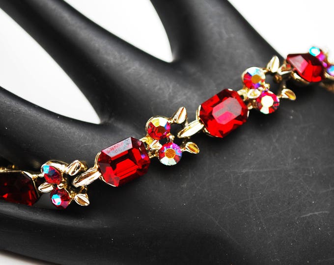 Red Rhinestone Tennis Bracelet - Aurora Borealis crystal - Gold tonemetal - Mid Century