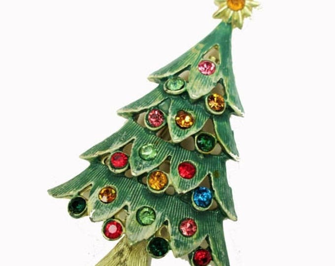 Christmas Tree Brooch- green enamel - red blue yellow rhinestones - Holiday Pin