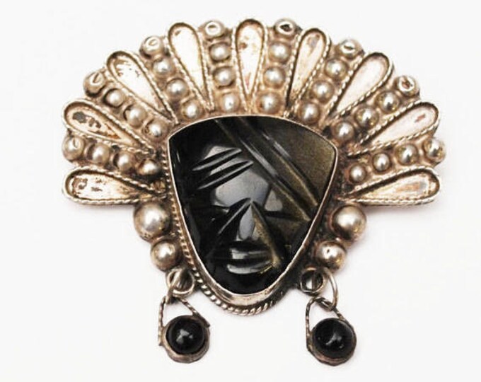 Mexico Sterling Mask Brooch - Taxco signed - Carved Black Onyx - Tribal Face Pin