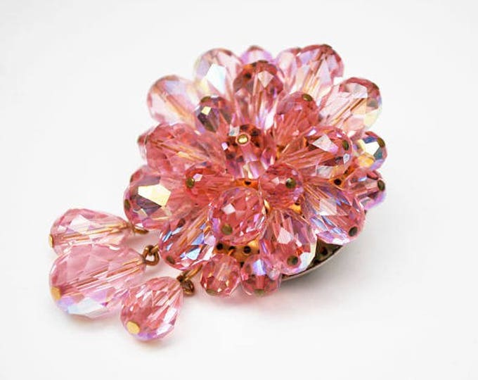 Pink Crystal Dangle Brooch - cluster Bead -Facet cut glass - round drop dangle pin