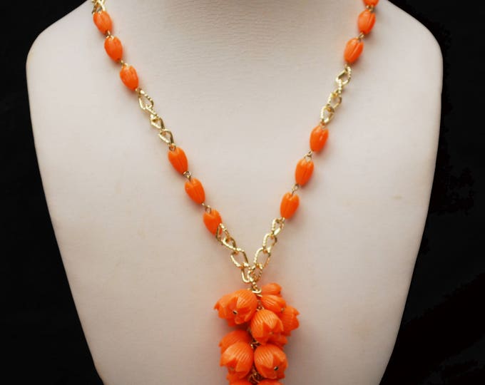Orange Orange Bead Necklace - grape cluster tassel - gold chain - Signed Hong Kong - Lucite plastic